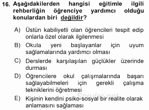 Din Eğitimi Ve Din Hizmetlerinde Rehberlik 2016 - 2017 3 Ders Sınavı 16.Soru