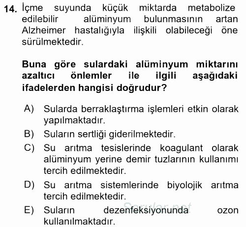 Hijyen ve Sanitasyon 2015 - 2016 Ara Sınavı 14.Soru