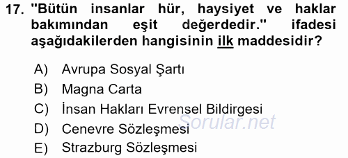 Sosyal Hizmet Mevzuatı 2017 - 2018 Dönem Sonu Sınavı 17.Soru