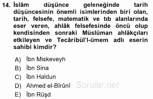 İslam Düşünce Tarihi 2015 - 2016 Tek Ders Sınavı 14.Soru