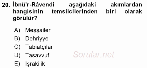 İslam Düşünce Tarihi 2015 - 2016 Tek Ders Sınavı 20.Soru