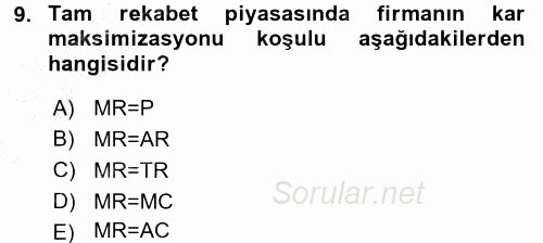 Mikro İktisat 2015 - 2016 Dönem Sonu Sınavı 9.Soru