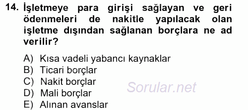 Genel Muhasebe 2 2013 - 2014 Ara Sınavı 14.Soru