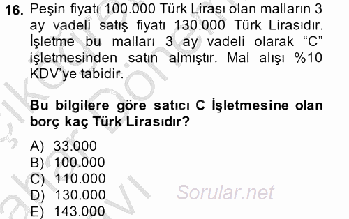 Genel Muhasebe 2 2013 - 2014 Ara Sınavı 16.Soru