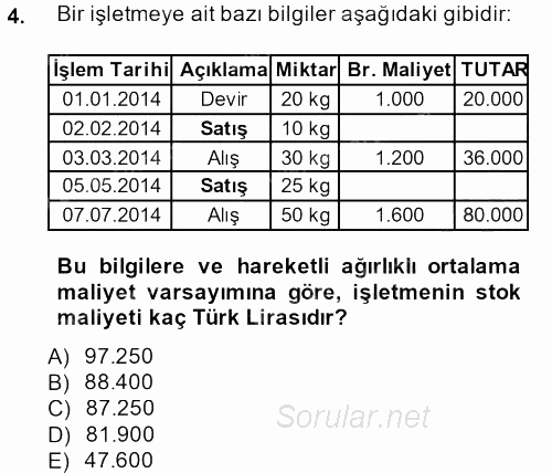 Envanter ve Bilanço 2013 - 2014 Dönem Sonu Sınavı 4.Soru