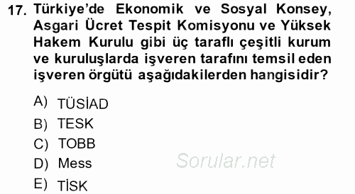 Endüstri İlişkileri 2014 - 2015 Ara Sınavı 17.Soru