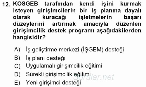 Girişim Finansmanı 2016 - 2017 3 Ders Sınavı 12.Soru