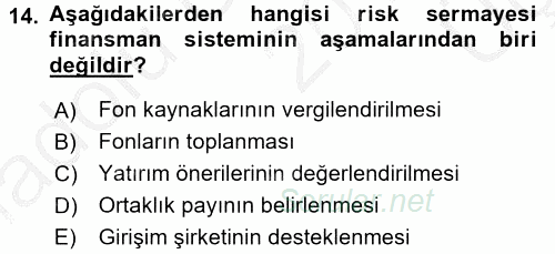 Girişim Finansmanı 2016 - 2017 3 Ders Sınavı 14.Soru