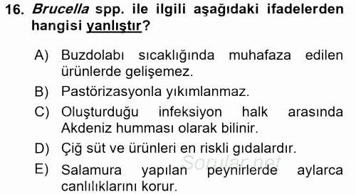Gıda Güvenliğinin Temel Prensipleri 2016 - 2017 Ara Sınavı 16.Soru