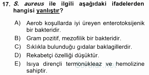 Gıda Güvenliğinin Temel Prensipleri 2016 - 2017 Ara Sınavı 17.Soru