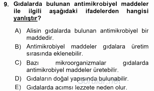 Gıda Güvenliğinin Temel Prensipleri 2016 - 2017 Ara Sınavı 9.Soru