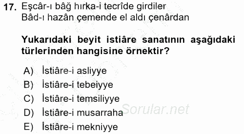 Türk İslam Edebiyatı 2016 - 2017 Ara Sınavı 17.Soru
