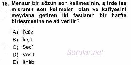 Türk İslam Edebiyatı 2016 - 2017 Ara Sınavı 18.Soru
