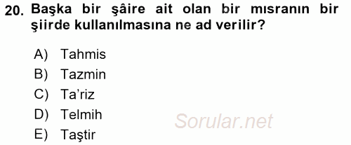 Türk İslam Edebiyatı 2016 - 2017 Ara Sınavı 20.Soru