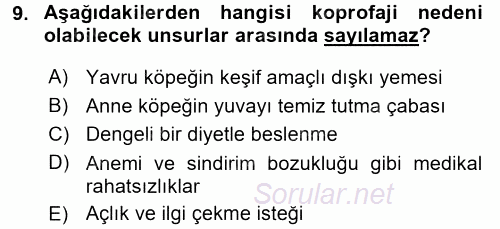 Hayvan Davranışları ve Refahı 2016 - 2017 3 Ders Sınavı 9.Soru