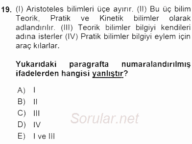 İlkçağ Felsefesi 2016 - 2017 Dönem Sonu Sınavı 19.Soru