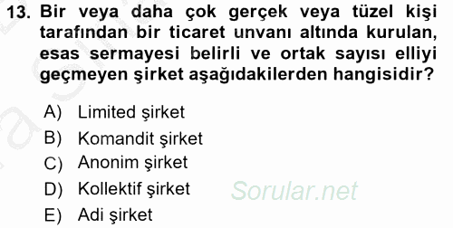 Şirketler Muhasebesi 2016 - 2017 Ara Sınavı 13.Soru