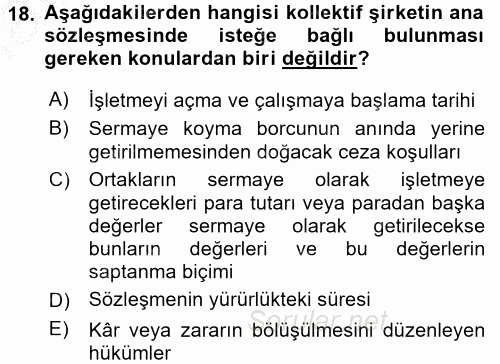 Şirketler Muhasebesi 2016 - 2017 Ara Sınavı 18.Soru