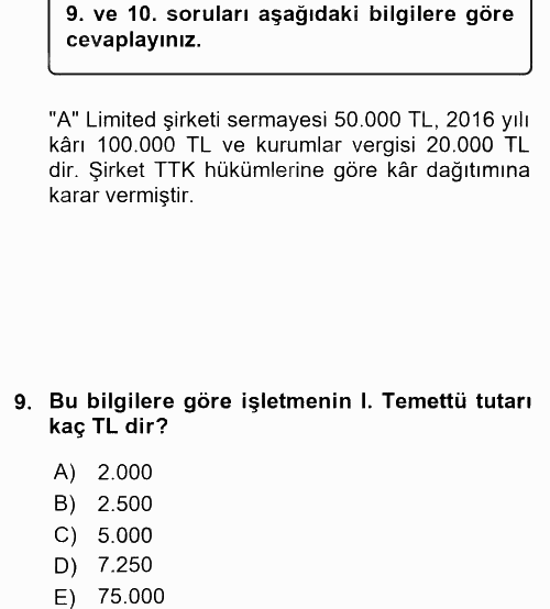 Şirketler Muhasebesi 2016 - 2017 Ara Sınavı 9.Soru