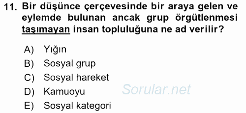 Din Sosyolojisi 2017 - 2018 3 Ders Sınavı 11.Soru