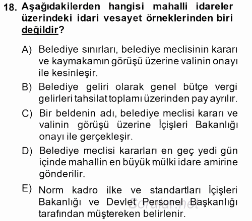 Mahalli İdareler Maliyesi 2014 - 2015 Tek Ders Sınavı 18.Soru