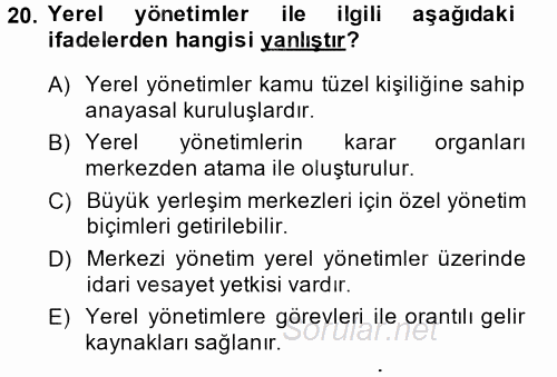 Mahalli İdareler Maliyesi 2014 - 2015 Tek Ders Sınavı 20.Soru