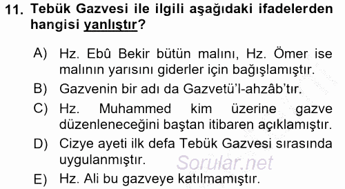 İlk Dönem İslam Tarihi 2016 - 2017 3 Ders Sınavı 11.Soru