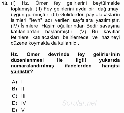 İlk Dönem İslam Tarihi 2016 - 2017 3 Ders Sınavı 13.Soru