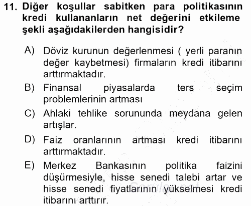 Para ve Banka 2015 - 2016 Dönem Sonu Sınavı 11.Soru