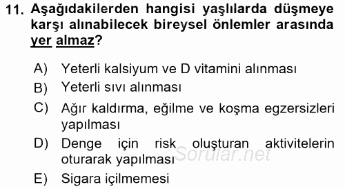 Yaşlılarda Görülebilecek Sorunlar Ve Bakım Hizmetleri 2017 - 2018 Ara Sınavı 11.Soru