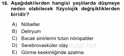 Yaşlılarda Görülebilecek Sorunlar Ve Bakım Hizmetleri 2017 - 2018 Ara Sınavı 16.Soru