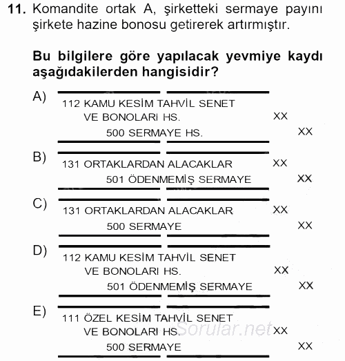 Şirketler Muhasebesi 2012 - 2013 Ara Sınavı 11.Soru