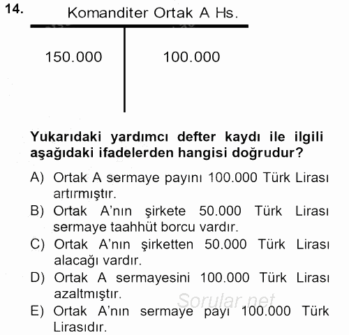 Şirketler Muhasebesi 2012 - 2013 Ara Sınavı 14.Soru