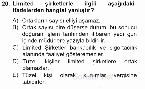 Şirketler Muhasebesi 2012 - 2013 Ara Sınavı 20.Soru