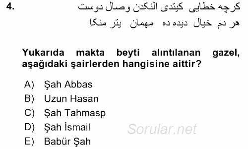XVI. Yüzyıl Türk Edebiyatı 2016 - 2017 Ara Sınavı 4.Soru