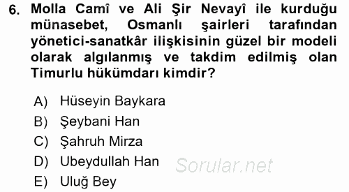 XVI. Yüzyıl Türk Edebiyatı 2016 - 2017 Ara Sınavı 6.Soru