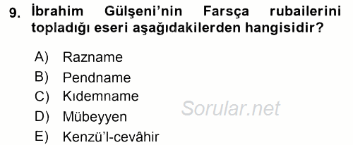 XVI. Yüzyıl Türk Edebiyatı 2016 - 2017 Ara Sınavı 9.Soru
