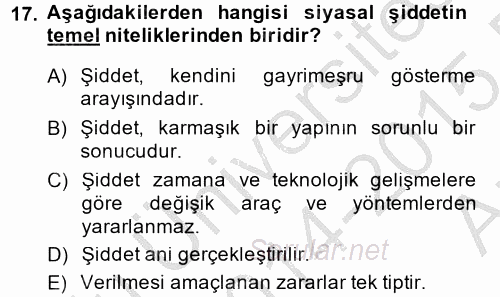 Özel Güvenlik Hizmetlerinde Güvenlik Önlemleri 2014 - 2015 Ara Sınavı 17.Soru