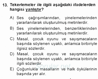 Okulöncesinde Çocuk Edebiyatı 2014 - 2015 Dönem Sonu Sınavı 13.Soru