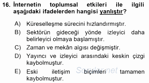 Kültür Sosyolojisi 2015 - 2016 Dönem Sonu Sınavı 16.Soru