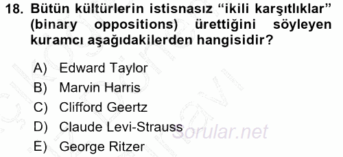 Kültür Sosyolojisi 2015 - 2016 Dönem Sonu Sınavı 18.Soru
