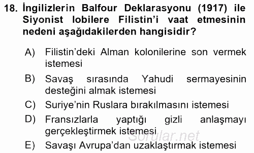 Modern Ortadoğu Tarihi 2015 - 2016 Ara Sınavı 18.Soru