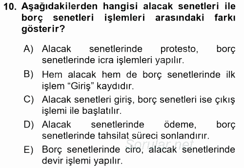 Ön Muhasebe Yazılımları Ve Kullanımı 2015 - 2016 Dönem Sonu Sınavı 10.Soru