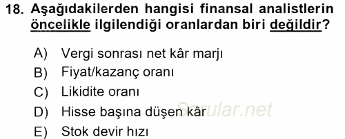 Finansal Tablolar Analizi 2017 - 2018 3 Ders Sınavı 18.Soru