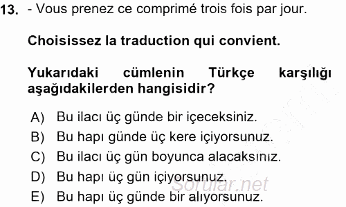 Fransızca 1 2015 - 2016 Ara Sınavı 13.Soru