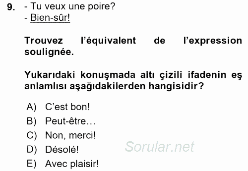 Fransızca 1 2015 - 2016 Ara Sınavı 9.Soru