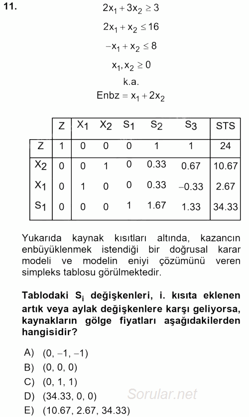 Yöneylem Araştırması 1 2016 - 2017 Dönem Sonu Sınavı 11.Soru