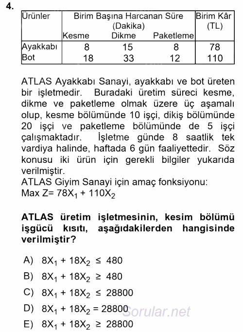 Yöneylem Araştırması 1 2016 - 2017 Dönem Sonu Sınavı 4.Soru