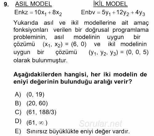 Yöneylem Araştırması 1 2016 - 2017 Dönem Sonu Sınavı 9.Soru