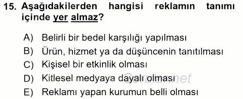 Perakende Yönetimi 2016 - 2017 Dönem Sonu Sınavı 15.Soru